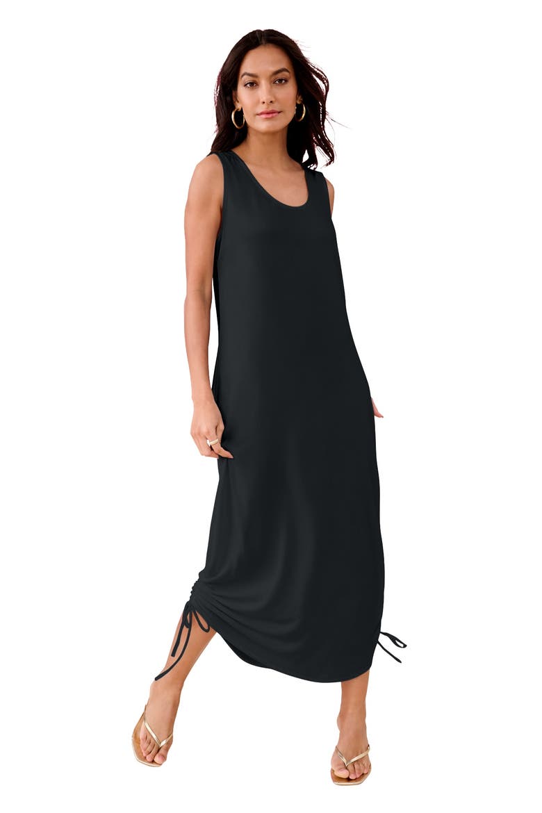 Plus Size Stretch Knit Sleeveless Midi Dress With Ruched Hem Detail, Main, color, BLACK