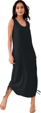 Roaman's Plus Size Stretch Knit Sleeveless Midi Dress With Ruched Hem Detail