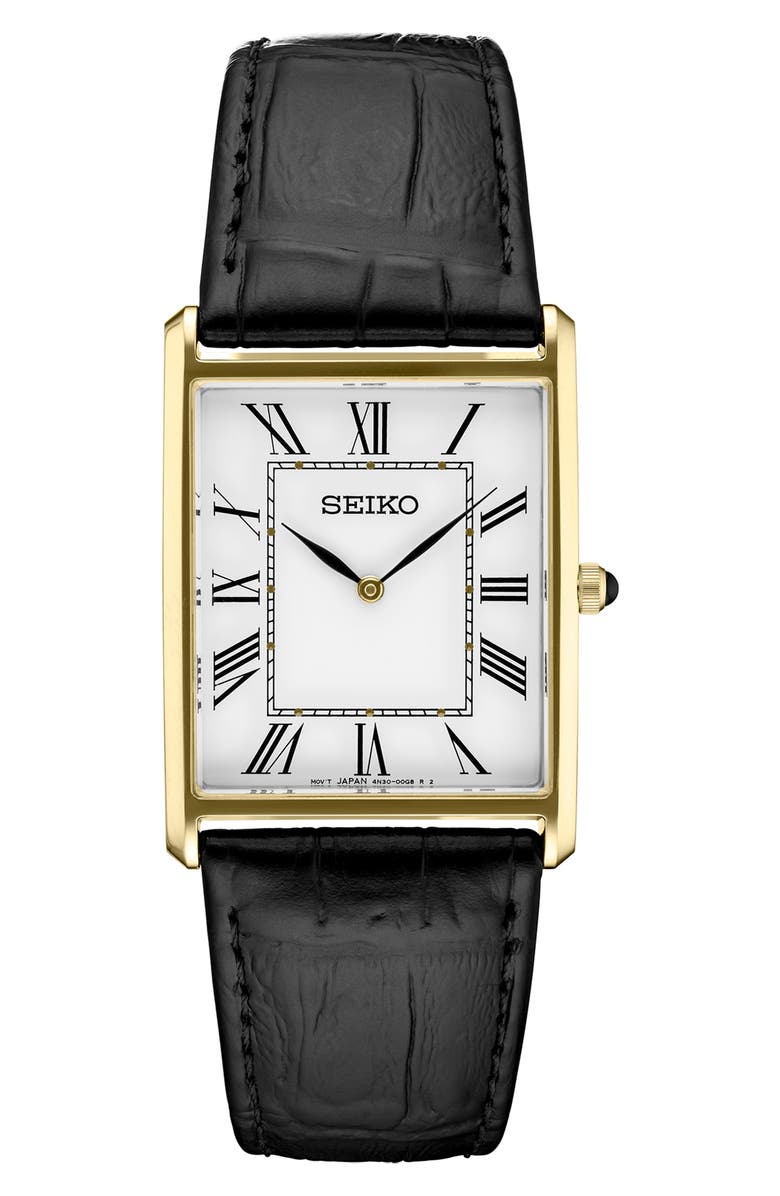 SEIKO WATCHES Essentials Tank Leather Strap Watch, 28.4mm x 36.5mm, Main, color, Yellow Tone