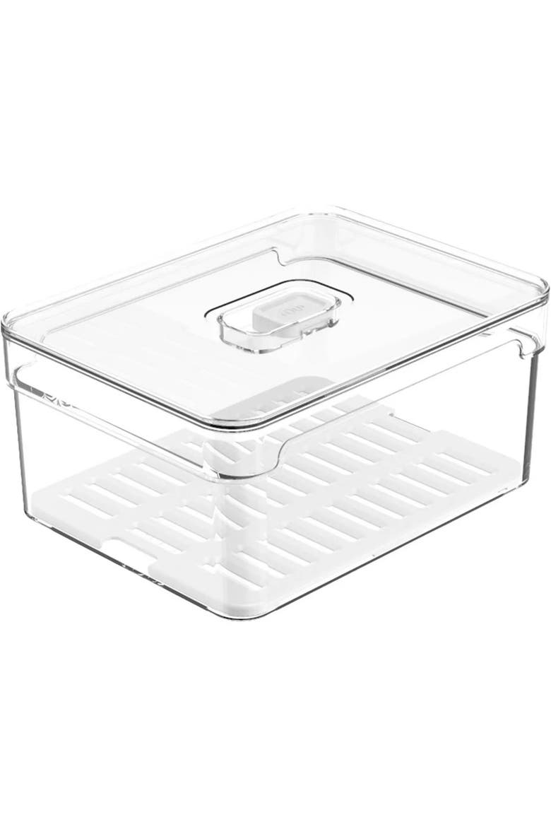 Clear Stackable Fridge Organizer Bin with Drain Tray and Vented Lid, 2.3 Quart Capacity, Main, color, Clear with White Drainer