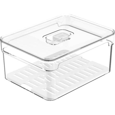 Clear Stackable Fridge Organizer Bin with Drain Tray and Vented Lid, 2.3 Quart Capacity