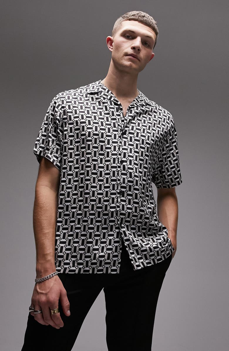 Topman Geometric Print Short Sleeve Satin Camp Shirt, Main, color, 