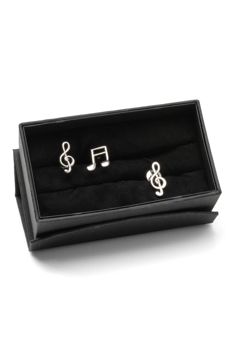 Music Notes Lapel Pin & Cuff Links Set, Alternate, color, SILVER