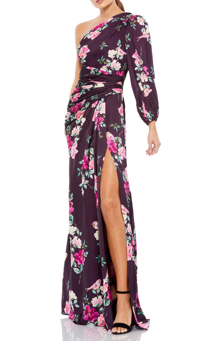 Mac Duggal Floral One-Sleeve Charmeuse Gown with Slit, Main, color, Plum Floral