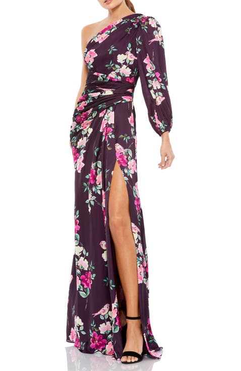 Floral One-Sleeve Charmeuse Gown with Slit
