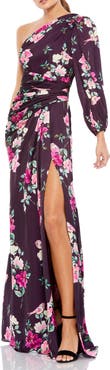 Mac Duggal Floral One-Sleeve Charmeuse Gown with Slit