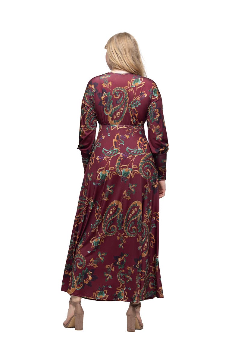 24seven Comfort Apparel Paisley Print Bishop Sleeve A Line Maxi Dress, Alternate, color, Burgundy Multi