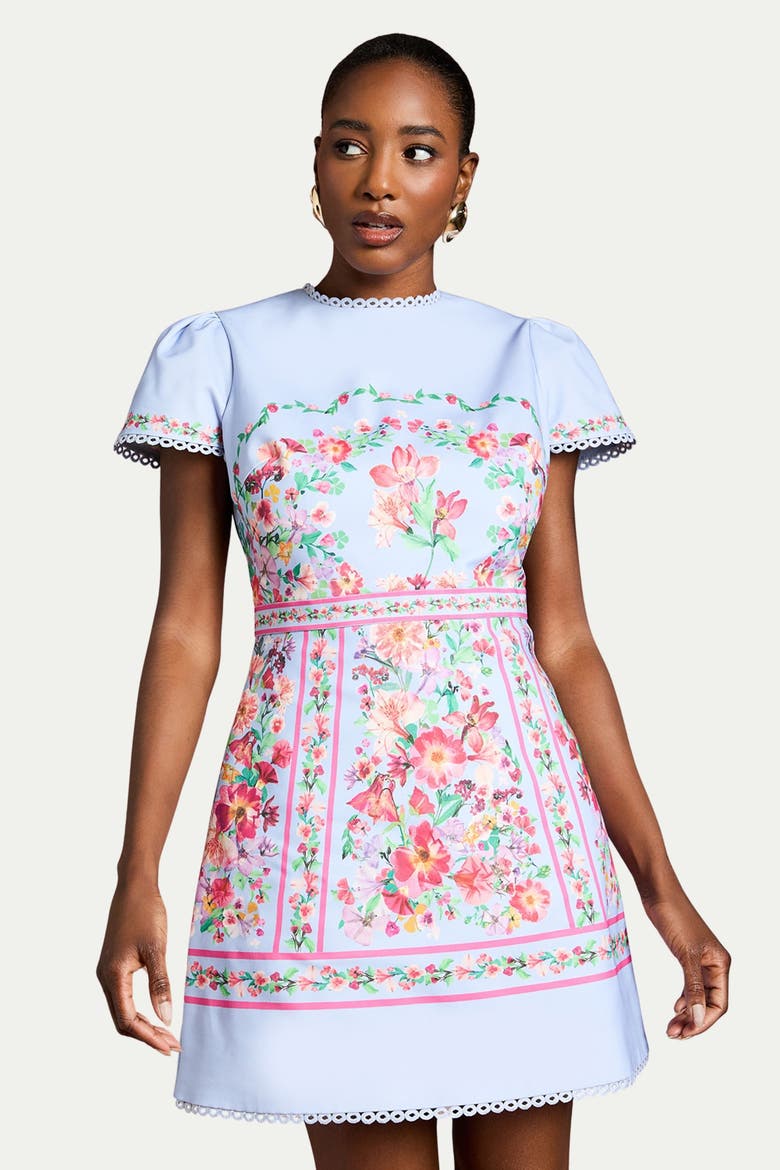 Placement Print Short Sleeve Mini Dress, Alternate, color, Blue