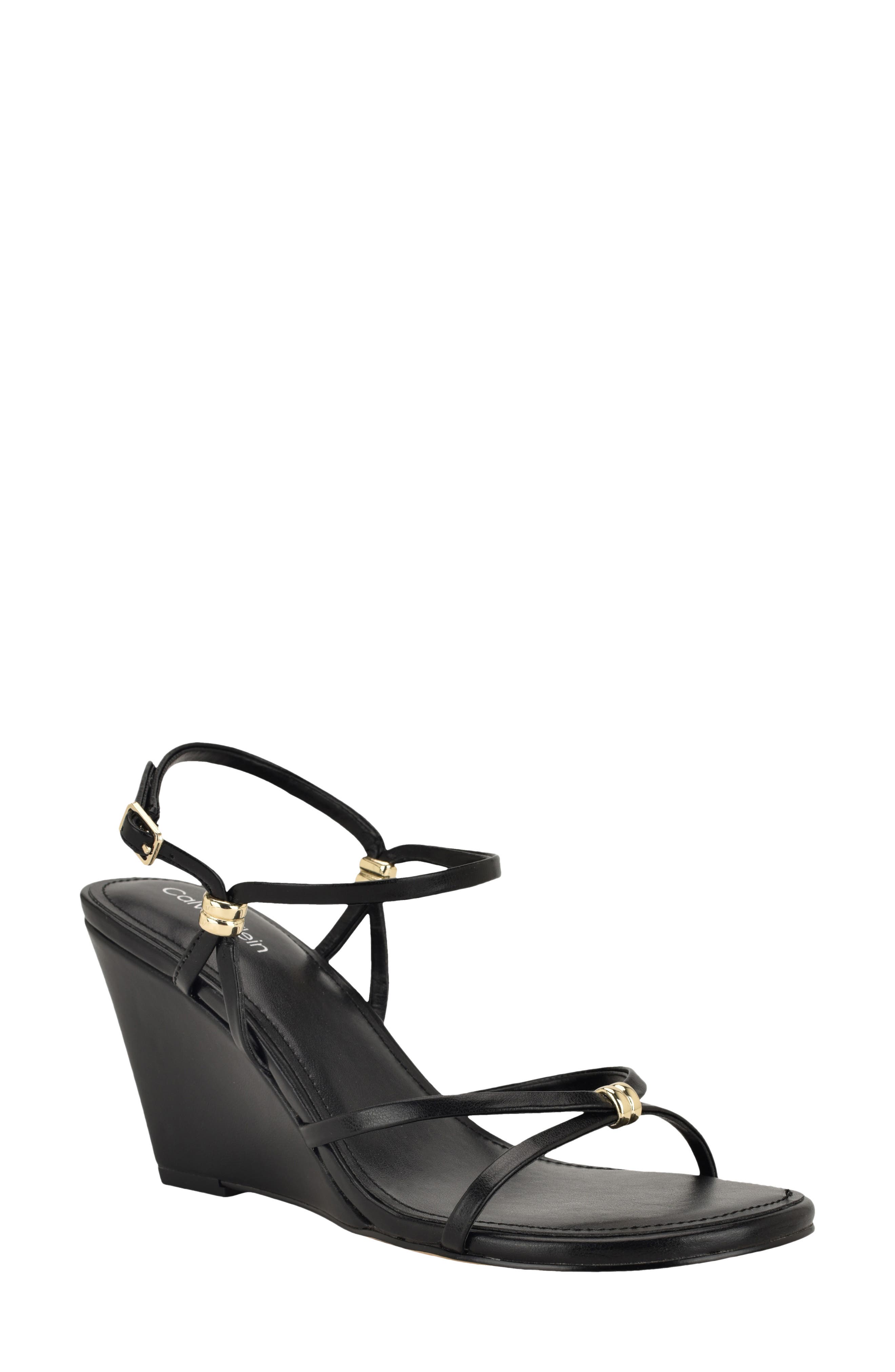 Calvin Klein Deliney Ankle Strap Wedge Sandal, Main, color, Black