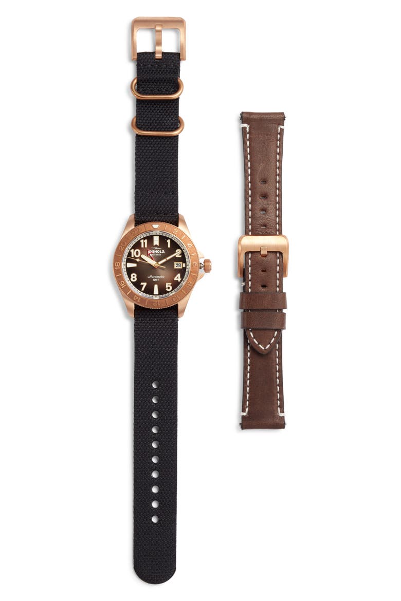Bronze Monster GMT Automatic Leather & Webbing Strap Watch, 40mm, Main, color, DRKBRNDGDE
