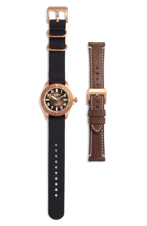 Bronze Monster GMT Automatic Leather & Webbing Strap Watch, 40mm
