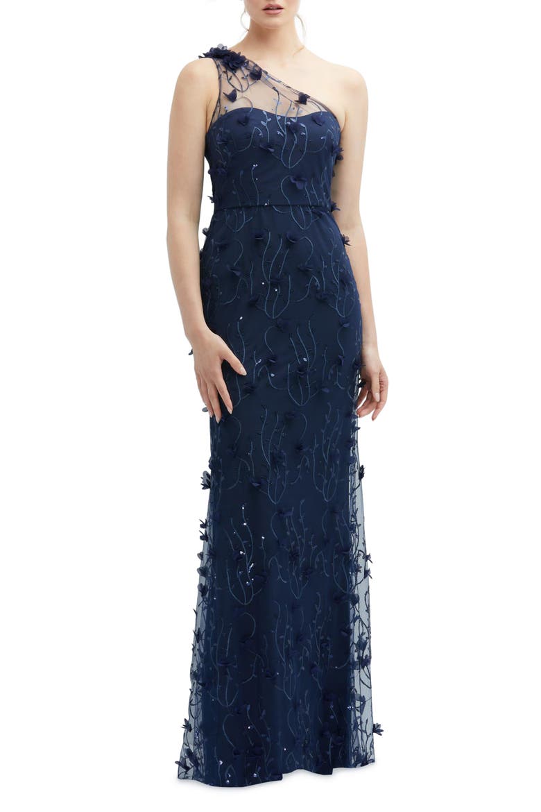 Floral Appliqué One-Shoulder Gown, Main, color, MIDNIGHT