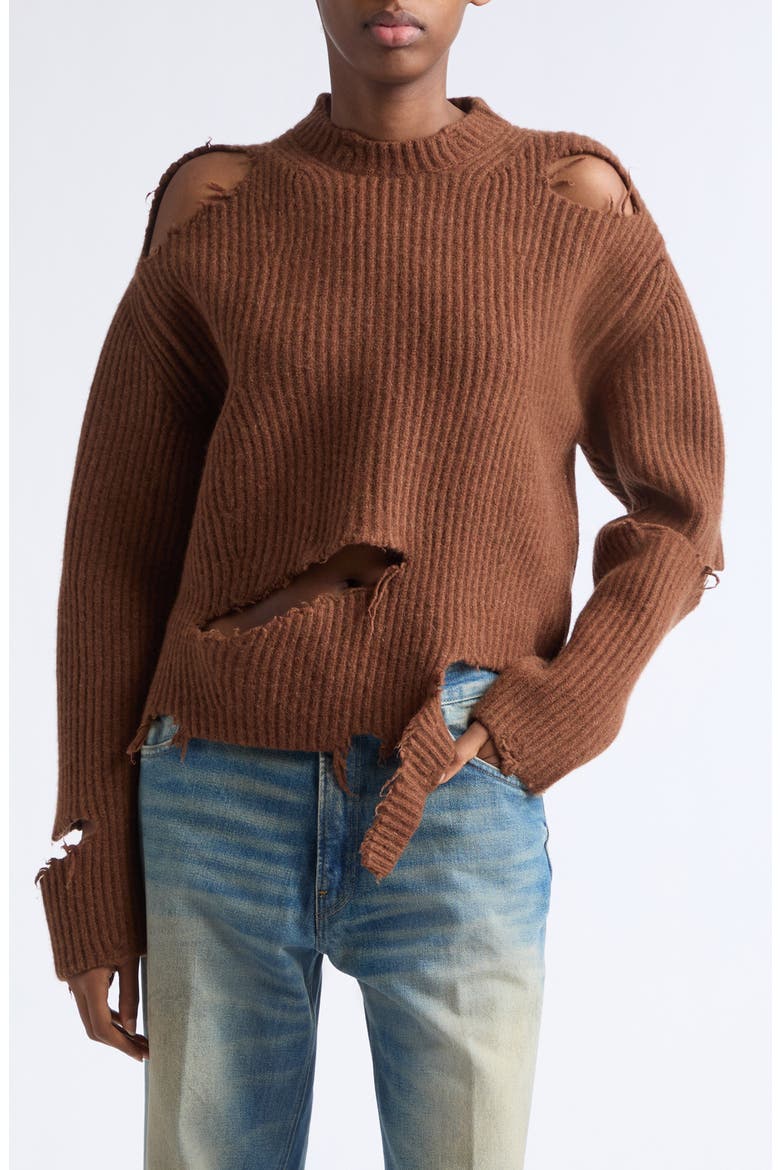 Ozie Destroyed Rib Merino Wool Sweater (Nordstrom Exclusive), Main, color, TABAC