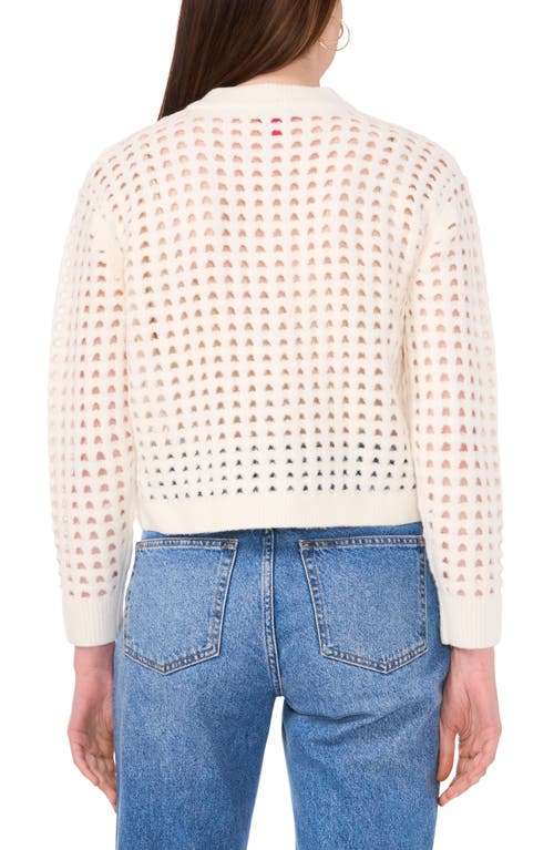 Vince Camuto Pointelle Crewneck Cardigan In Antique White