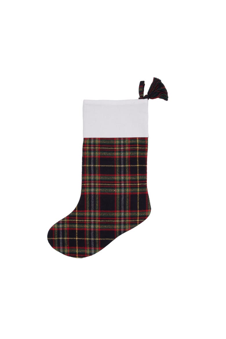 Embroidered Deer and Berry Botanicals on Plaid Christmas Stocking, Alternate, color, Brown