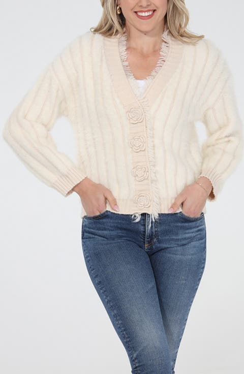 Fuzzy Flower Button Cardigan