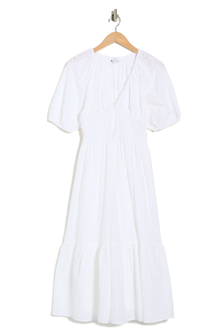 Eyelet Shirred Midi Dress, Alternate, color, WHITE