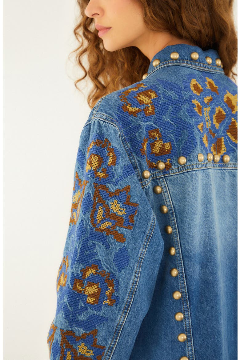 Embroidered Studded Denim Jacket, Alternate, color, DENIM