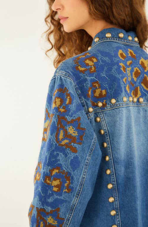 Farm Rio Embroidered Studded Denim Jacket In Blue