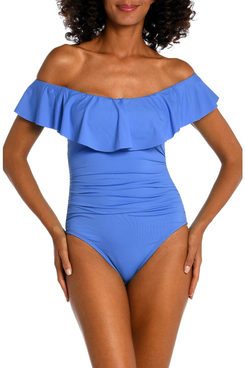 Off the Shoulder Ruffle One-Piece Swimsuit, Main, color, CHAMBRAY