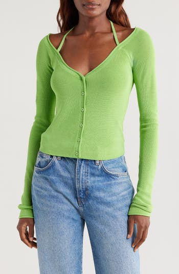 Good American Long-sleeve Off-the-shoulder Stretch Rib Knit Top In Green