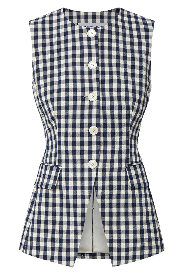 Lois Stretch Cotton Gingham Vest, Alternate, color, NAVY/ DOVE