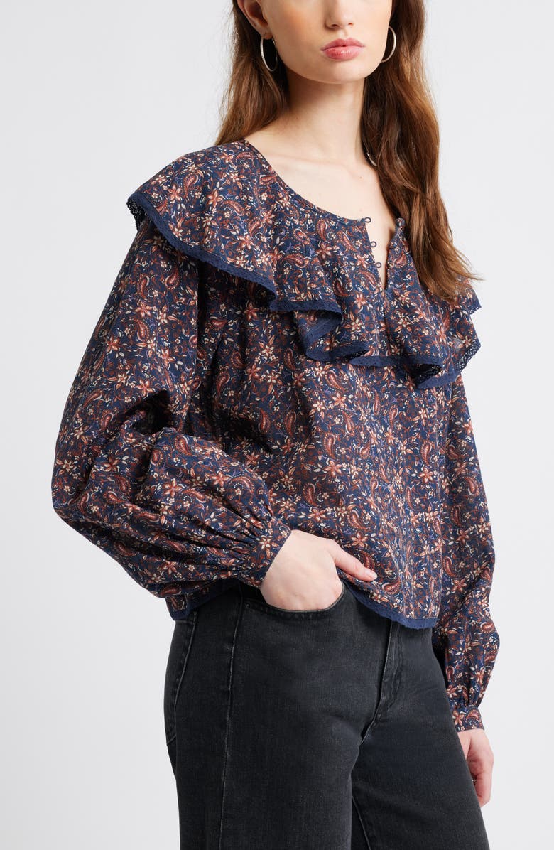 Treasure & Bond Ruffle Collar Top, Alternate, color, Navy Mallory Paisley
