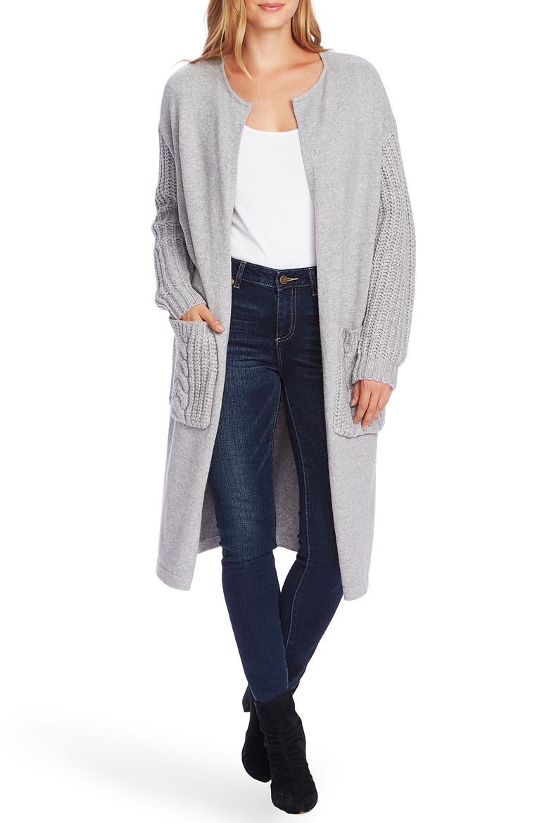 Cable Knit Detail Long Cardigan, Alternate, color, LIGHT HEATHER GREY