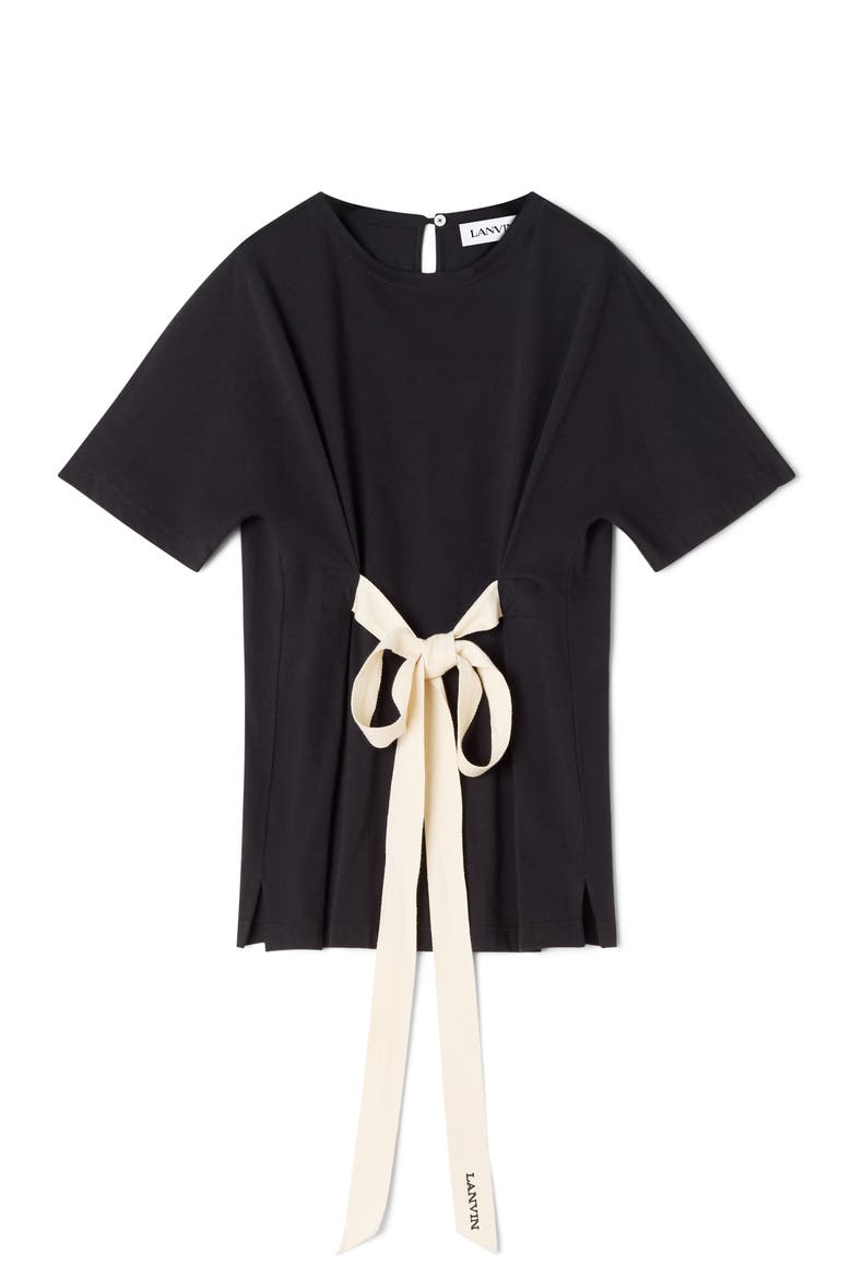 Belted T-Shirt In Cotton And Silk, Alternate, color, Black