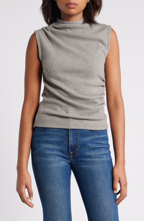 Asymmetric Ruched Sleeveless Mock Neck Knit Top