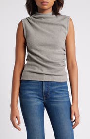 Wit & Wisdom Asymmetric Ruched Sleeveless Mock Neck Knit Top