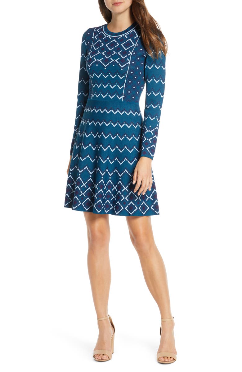 Eliza J Fit & Flare Long Sleeve Sweater Dress, Main, color, 