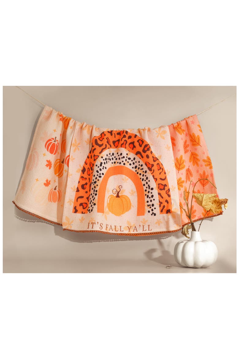 Modern Harvest Set of 3 Cotton Waffle Kitchen Towels, Alternate, color, PAPAYA/ RUST / CREAM