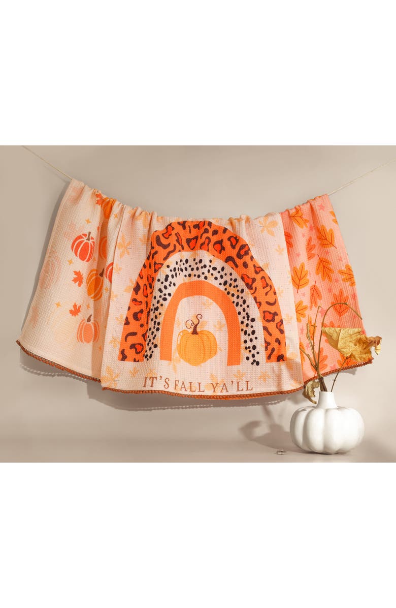 Tiramisu Modern Harvest Set of 3 Cotton Waffle Kitchen Towels, Alternate, color, Papaya/ Rust / Cream