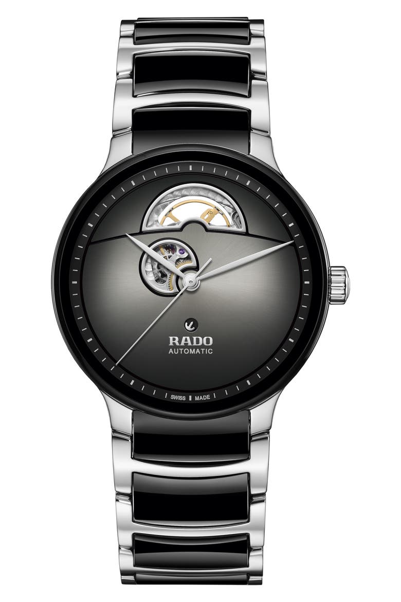 Centrix Open Heart Automatic Ceramic Bracelet Watch, 39.5mm, Main, color, BLACK