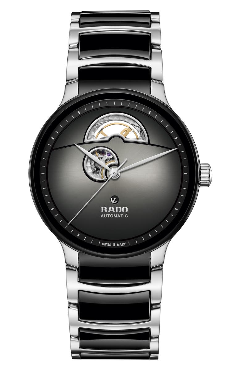 RADO Centrix Open Heart Automatic Ceramic Bracelet Watch, 39.5mm, Main, color, Black