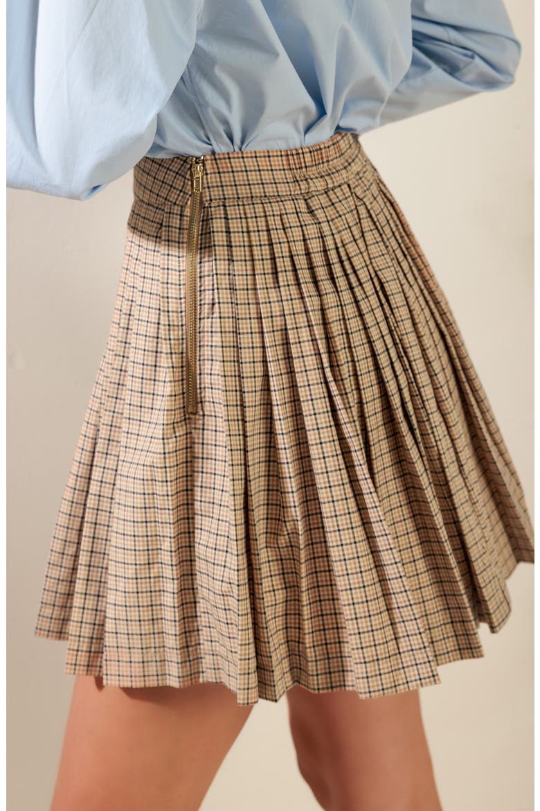 Plaid Pleated Miniskirt, Alternate, color, LIGHT BROWN
