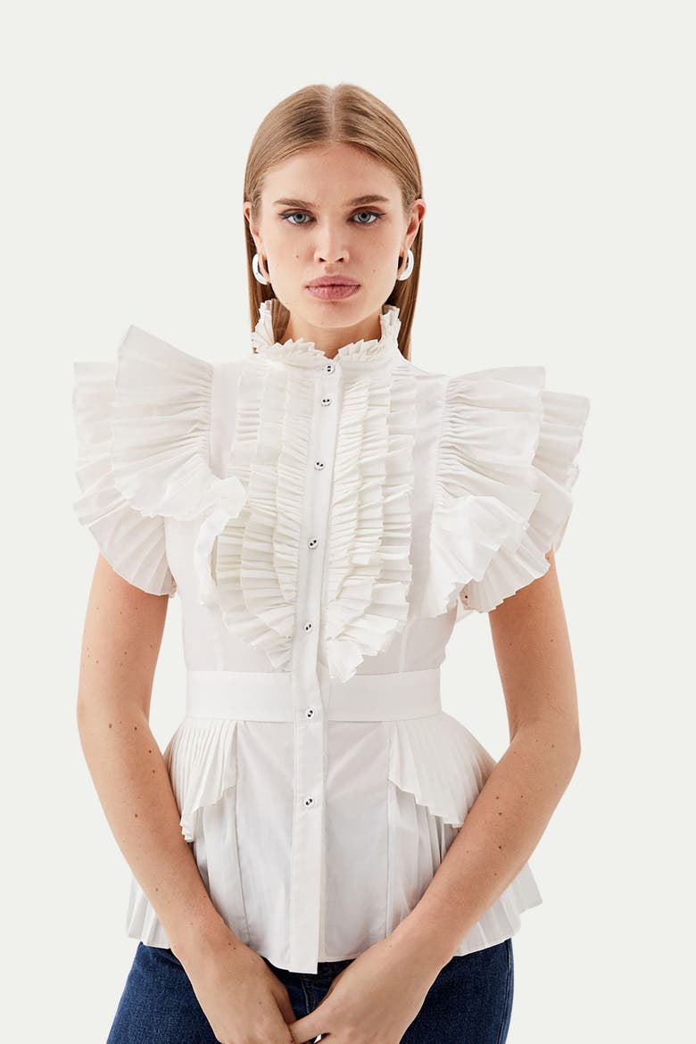 Sleeveless Pleated Ruffle Blouse, Main, color, White
