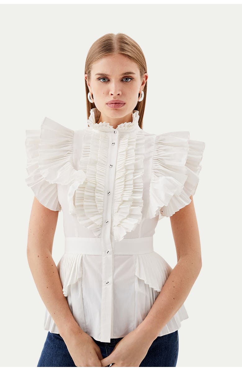 Karen Millen Sleeveless Pleated Ruffle Blouse, Main, color, White