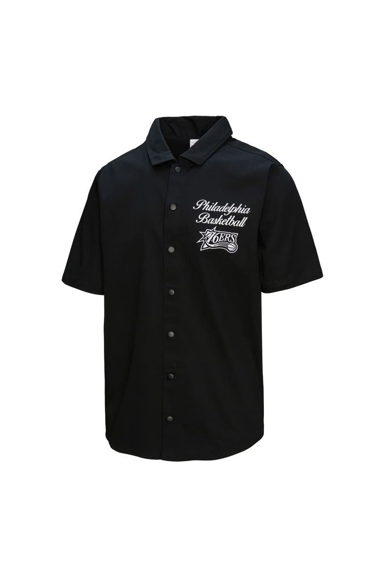 Men's Mitchell & Ness Black Philadelphia 76ers Hardwood Classics Camp Shirt, Alternate, color, Black