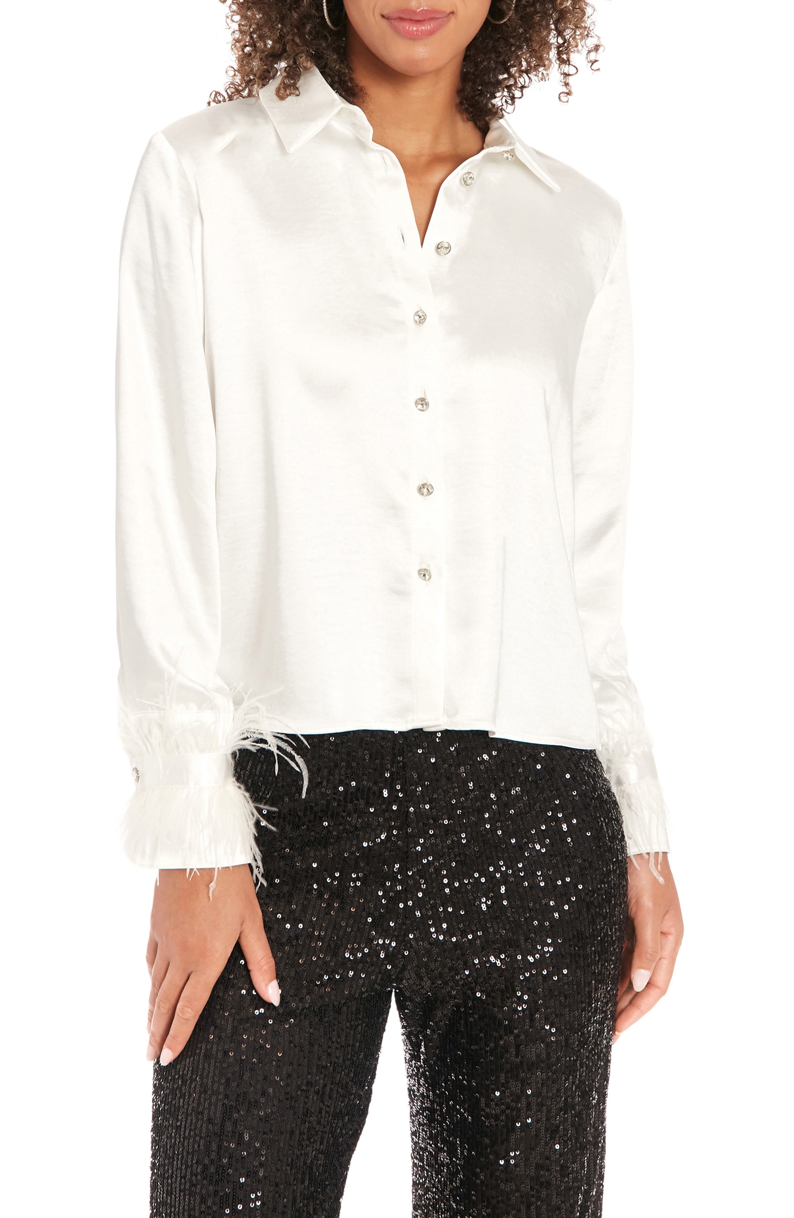 Muse Feather Trim Satin Button-Up Shirt