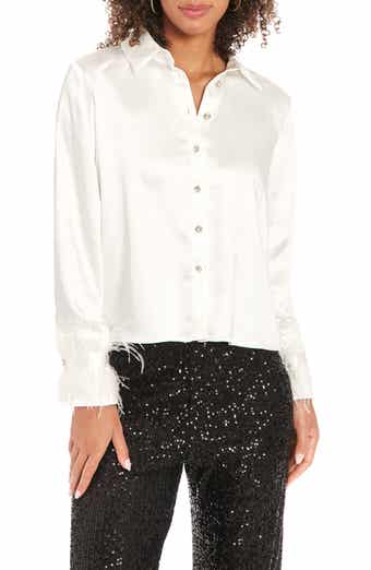 Muse Feather Trim Satin Button-Up Shirt