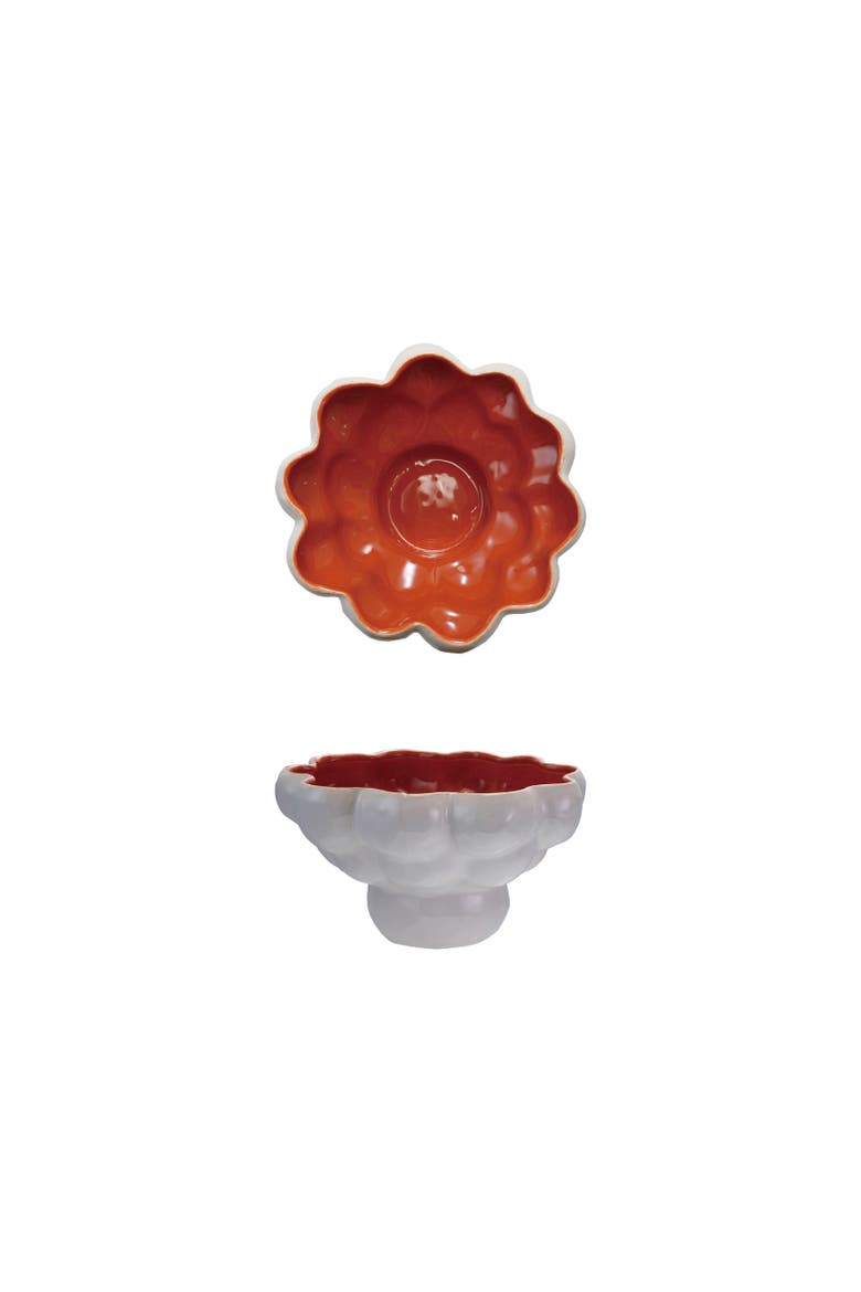 Decorative Formed Stoneware Footed Bowl with Glazed Interior, Cream and Terra-cotta Color, Main, color, Orange