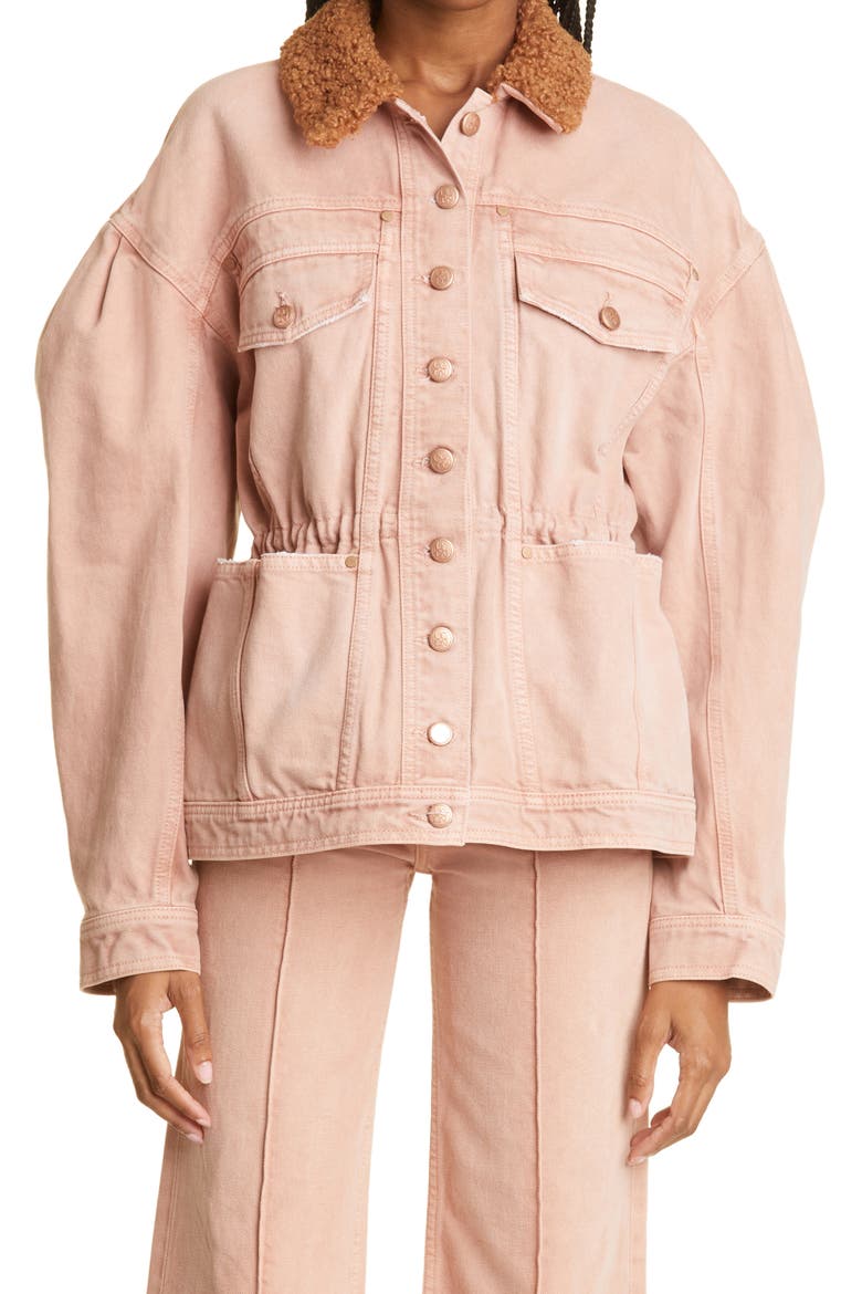 Odette Blouson Sleeve Denim Jacket with Faux Fur Collar, Main, color, ROSEWOOD WASH