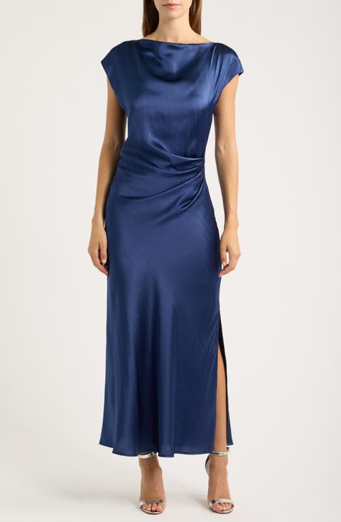 Drape Bateau Neck Side Ruched Satin Cocktail Dress