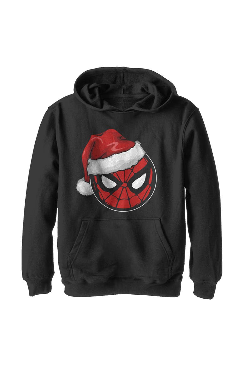 Boy's Marvel Christmas Spider-Man Santa Hat  Pull Over Hoodie, Main, color, Black