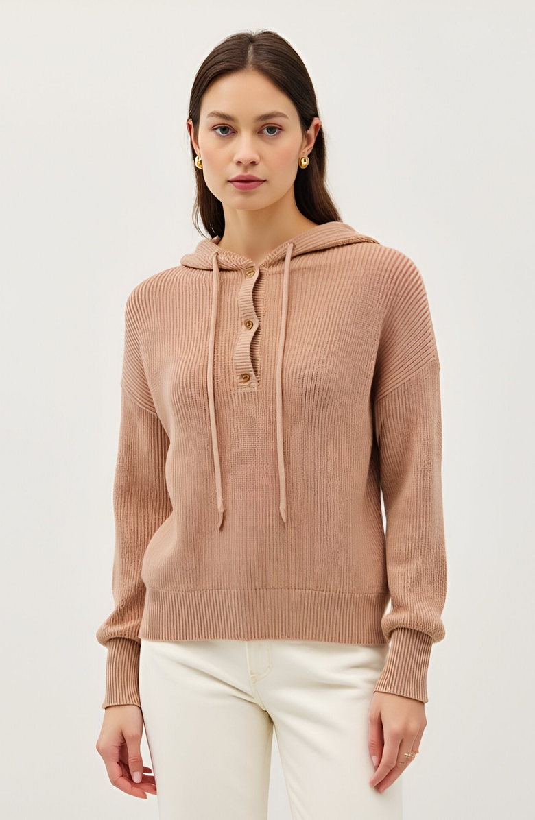 Modenaire Knit Button Front Hoodie with Ribbed Hem and Drop Shoulders, Alternate, color, Light Beige