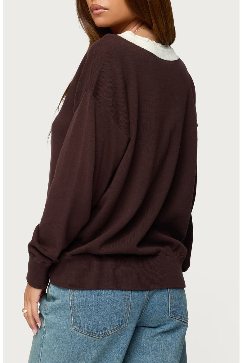 Marie Lace Contrast Cotton V-Neck Sweater, Alternate, color, BROWN