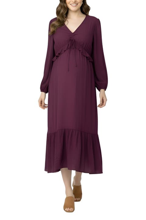Puff Sleeve Ruffle Midi Maternity Dress