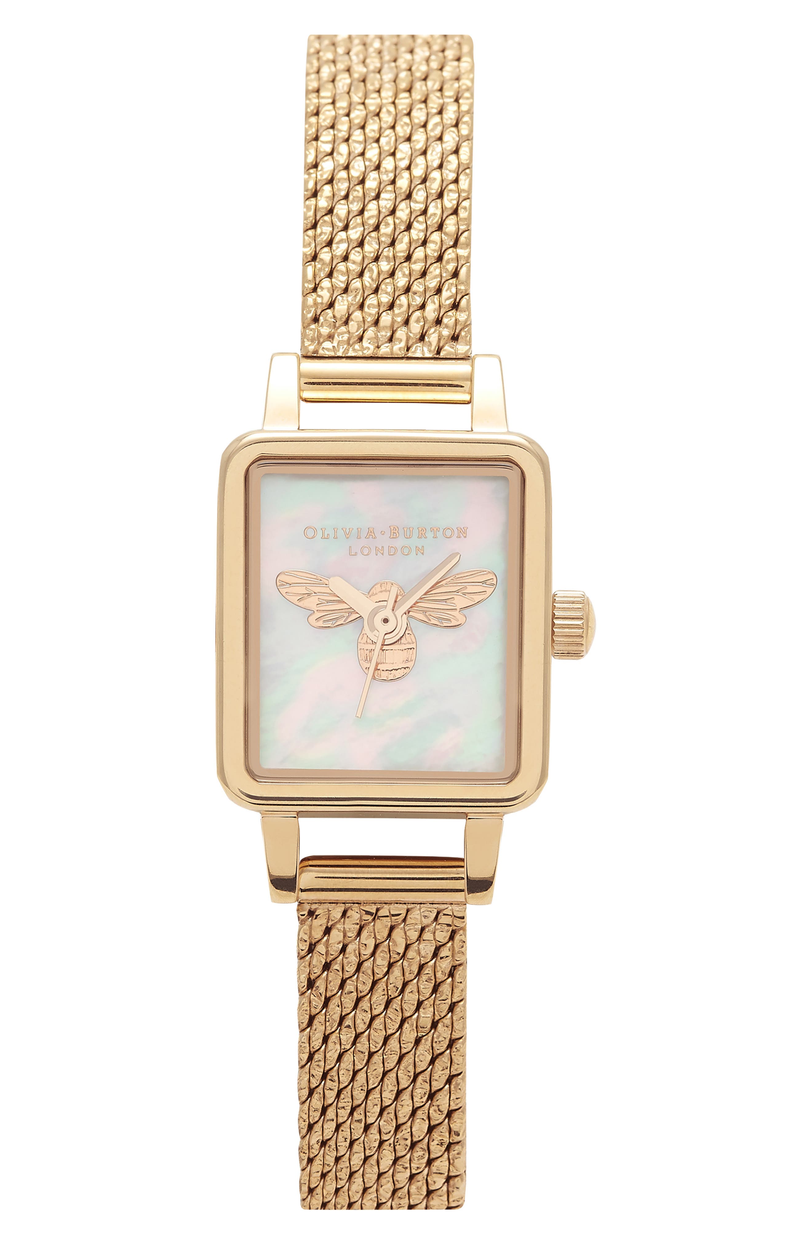 Olivia Burton Lucky Bee Rectangular Mesh Strap Watch, 19mm (Women ...